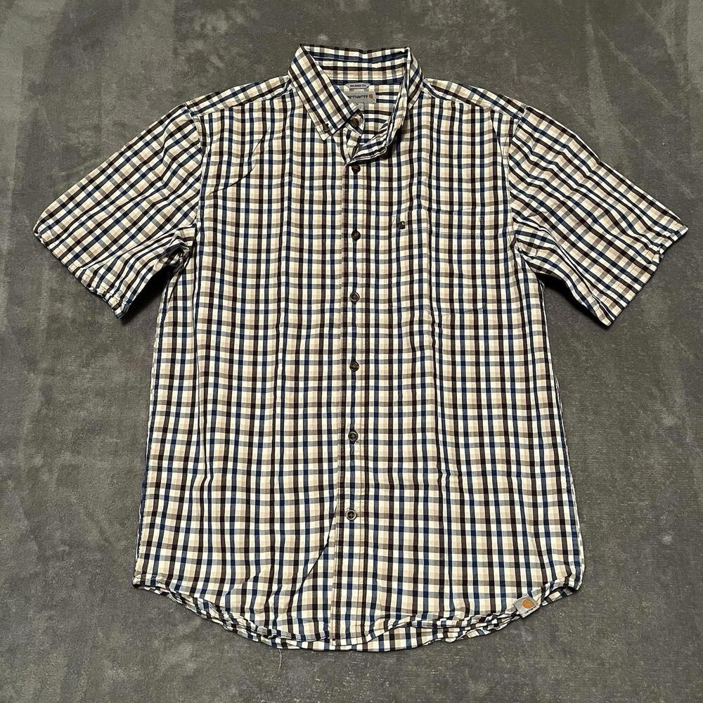 Carhartt Shirt Mens M Blue Browns Plaid Relaxed Fit Button Down Short Sleeved